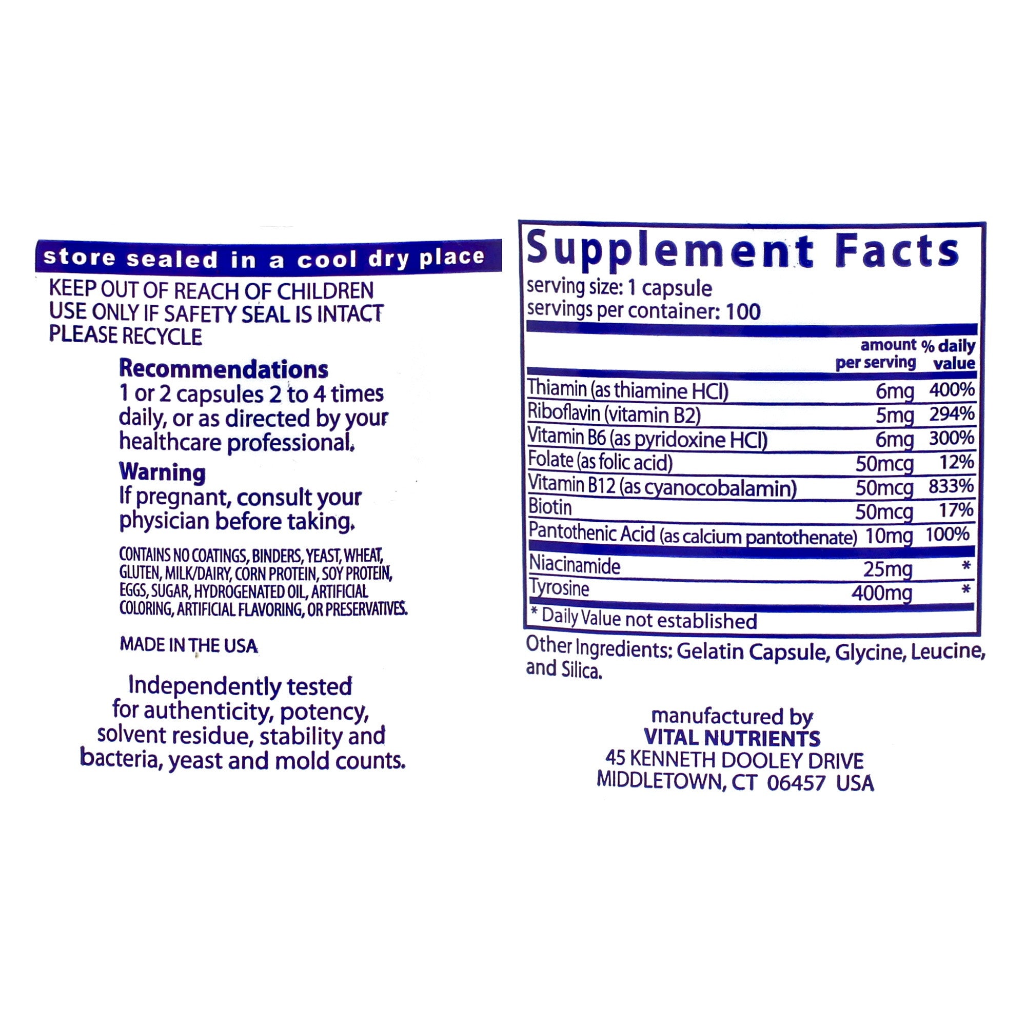 Vital Nutrients Tyrosine with B vitamins